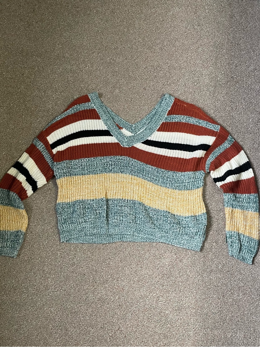 Cato Striped V-Neck Cropped Sweater - Rust, Teal, Cream, Black